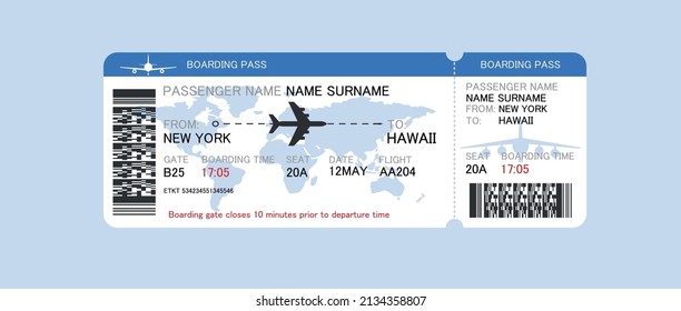 A plane ticket. Airline boarding pass template. Modern design of the flight card form with the image of an airplane. The concept of an air flight or a trip. Vector illustration.