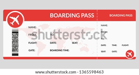 Plane ticket. Airline boarding pass template. Airport and plane pass document. Vector illustration.