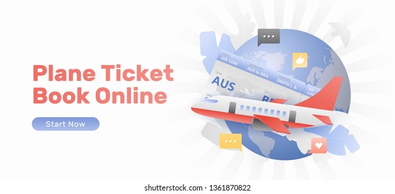 Plane ticket book online web banner template. Vector modern layout with gradients. 