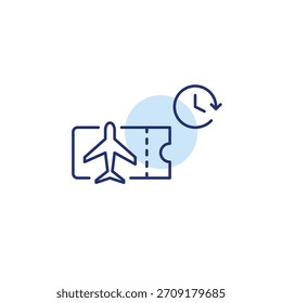 Bilhete de avião e relógio. Horário de voo, atrasado. Pixel perfeito, ícone de vetor de traçado editável