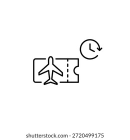Bilhete de avião e relógio. Horário de voo, atrasado. Pixel perfeito, ícone de vetor de traçado editável