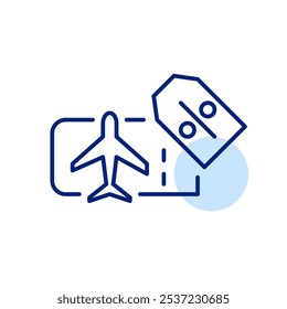 Plane ticket and discount price tag. Travel deals, sale coupons for savings. Pixel perfect vector icon