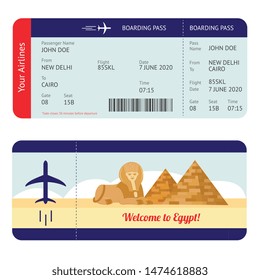 Plane ticket to Egypt - tourism destination travel boarding pass mockup with flight information and Giza pyramid and sphinx drawing, isolated flat cartoon vector illustration on white background