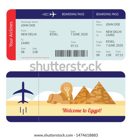 Plane ticket to Egypt - tourism destination travel boarding pass mockup with flight information and Giza pyramid and sphinx drawing, isolated flat cartoon vector illustration on white background