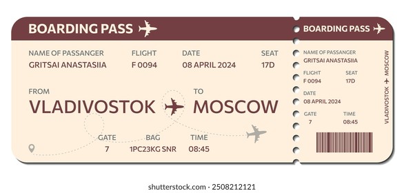 plane ticket, flight ticket with red elements,  Red and beige Airplane ticket design