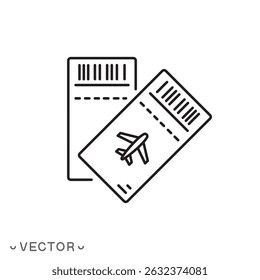 plane ticket icon, ticket on plane concept, proof of purchase and confirmation for a flight, aircraft travel, thin line symbol isolated on white background, editable stroke eps 10 vector illustration