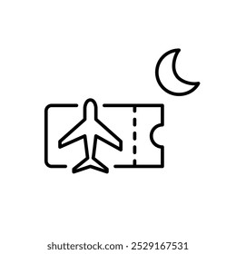 Bilhete de avião com lua. Voo noturno. Tranquilo conforto de viagem. Pixel perfeito, ícone de traçado editável