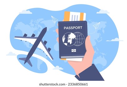 Plane ticket with passport concept. Travel and immigration. Tourism, flight and trip, journey. Holiday and vacation. Pass to airplane. Template, layout and mock up. Cartoon flat vector illustration