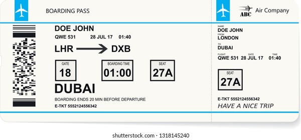 Plane ticket. Pattern of blue boarding pass. Concept of travel, trip or journey. Vector illustration.