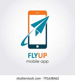 Plane ticket reservation app icon. Booking flight on-line flat style logo. Symbol of paper plane and phone sign design. Mobile app concept.