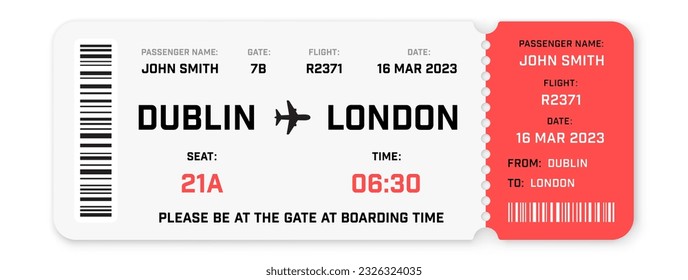 Plane ticket with shadow. Relistic airline boarding pass with shadow - stock vector.