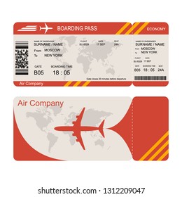 Plane ticket template. Air economy flight. Red design. Boarding Pass to take off the aircraft. Vector illustration isolated on white background