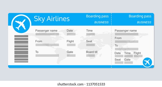 Plane ticket template. Airplane flight ticket realistic blank. Boarding pass. Vector illustration.