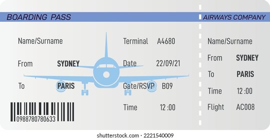 Plane ticket template. Realsitic airline boarding pass