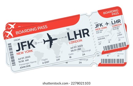 Flugtickets. Bordkarte des Flugzeugs. Flugreisekonzept. Flugticket-Design. Vektorgrafik.