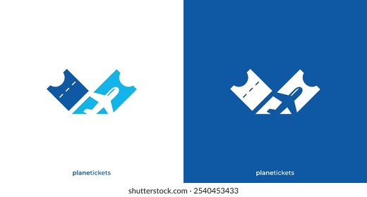 Plane Tickets Logo. Tickets and Airplane with Minimalist Style. Ticket Travel Logo, Icon, Symbol, Vector, Design Inspiration.