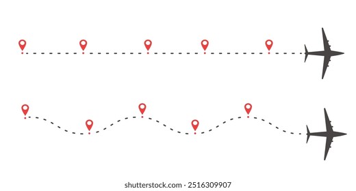 Línea de tiempo del avión rastro línea discontinua con el alfiler. Plantilla del proceso de trabajo del destino de la infografía. Iconos de avión, infografía de hoja de ruta y rutas de ruta de viaje con ubicación