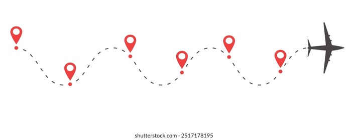 Plane timeine trail dashed line with pin. Infographic destination work process template. Airplane icons, roadmap infographic and travel path routes with location