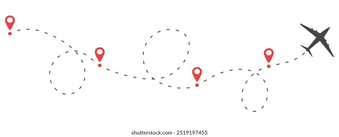 Línea de tiempo del avión rastro línea discontinua con el alfiler. Plantilla del proceso de trabajo del destino de la infografía. Iconos de avión, infografía de hoja de ruta y rutas de ruta de viaje con ubicación