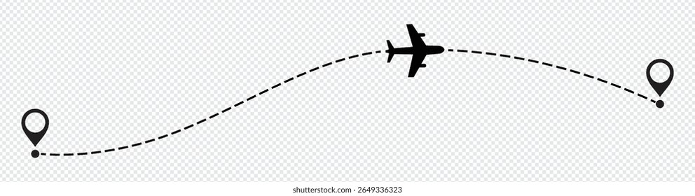 Linha tracejada da trilha do tempo do avião com pino. Forma da linha de viagem do caminho. Rota de voo com ponto inicial e traço de linha traço para ilustração de vetor isolado plano.