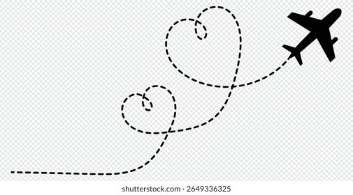 Linha tracejada da trilha do tempo do avião com pino. Forma da linha de viagem do caminho. Rota de voo com ponto inicial e traço de linha traço para ilustração de vetor isolado plano.