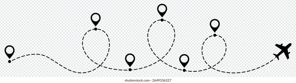 Linha tracejada da trilha do tempo do avião com pino. Forma da linha de viagem do caminho. Rota de voo com ponto inicial e traço de linha traço para ilustração de vetor isolado plano.