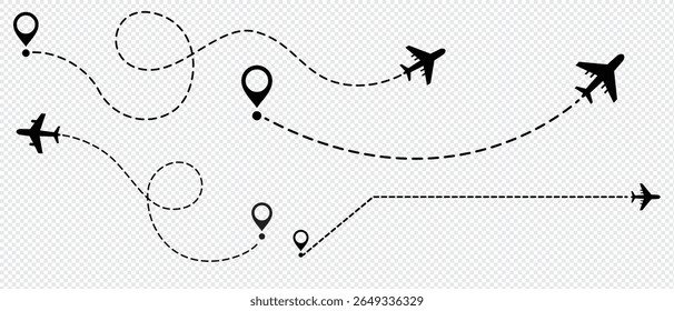 Linha tracejada da trilha do tempo do avião com pino. Forma da linha de viagem do caminho. Rota de voo com ponto inicial e traço de linha traço para ilustração de vetor isolado plano.
