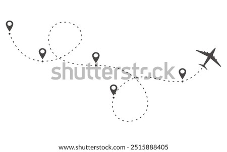 Plane timeine trail dashed line with pin. Infographic destination work process template. Airplane icons, roadmap infographic and travel path routes with location