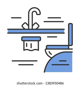 Plane toilet color icon. Bathroom in airplane. Toilet and sink. Water tap. Aviation service. Aircraft travel. Journey amenity. Airline facilities. Apartment washroom. Isolated vector illustration