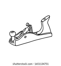 Plane, tool for wood in doodle style. Isolated outline. Hand drawn vector illustration in black ink on white background.