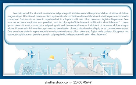 Plane and Top world famous landmark for travel concept. blue Background Design, Card for greeting Poster, banner, paper art, Vector illustration.  