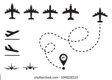 Plane trace. Concept of planning routes and direction of travels. Map pointers, silhouettes of airplanes and track lines. Air flights design.