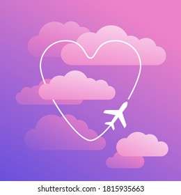 El rastro del avión en forma de corazón sobre fondo nublado del cielo púrpura - ilustración romántica para el amor de viajar
