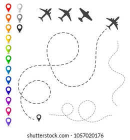 Plane trace. Set of vector elements. Concept of planning routes and direction of travels. Map pointers, silhouettes of airplanes and track lines. Air flights design.