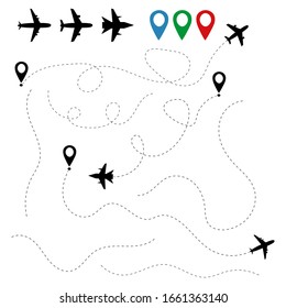 Plane traces and routes isolated on white background. Pathways flight aeroplanes. Aircraft location tracking in air travels. Aviation concept. Airliner fly from airport. Pointers air trips. Vector.