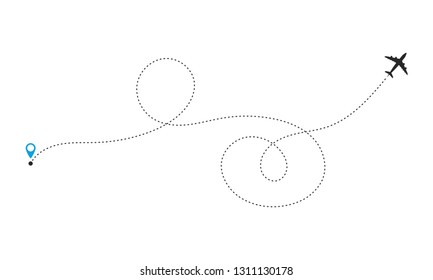Plane track icon. Airplane line route with blue pin. Travel and tourism concept. Template design for web site, mobile app, poster, ad, print materials, cover. Vector illustration
