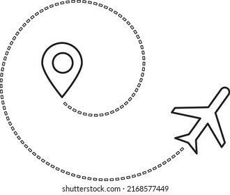 Plane and track icon on a white background. Aircraft trail with dotted line. Airplane tracking on route line art.eps
