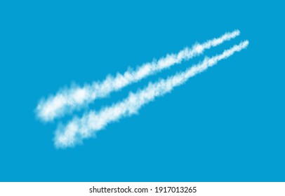 Plane track isolated on blue background. White smoke texture. Sky. Realistic vector column of fog or mist.