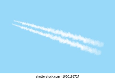 Plane track isolated on blue background. White smoke texture. Sky. Realistic vector column of fog or mist.