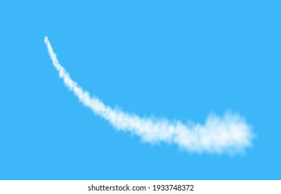 Plane track isolated on blue background. White smoke texture. Sky. Realistic vector column of fog or mist.