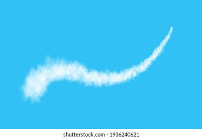 Plane track isolated on blue background. White smoke texture. Sky. Realistic vector column of fog or mist.