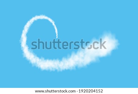 Plane track isolated on blue background. White smoke texture. Sky. Realistic vector column of fog or mist.