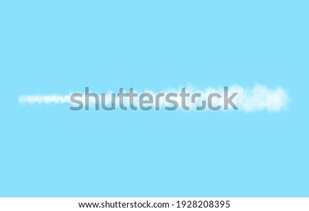 Plane track isolated on blue background. White smoke texture. Sky. Realistic vector column of fog or mist.