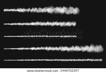 Plane track isolated on transparent background. White smoke texture. Sky. Realistic vector column of fog or mist.
