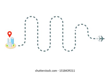 Plane track and isometric buildings with location sign. Vector illustration.