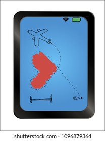 plane and its track on background plate. Airplane flying and leave a dashed trace line. Love travel concept. Vector illustration.