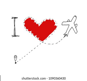 plane and its track on white background. Airplane flying and leave a dashed trace line. Love travel concept. Vector illustration.