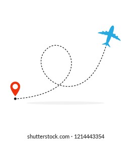 Plane and its track on white background. Vector illustration. Aircraft flight path and its route
