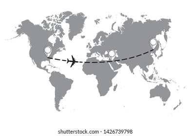 The plane and its track on the world map. Travel to World. Hand drawn plane and its track on the world map. The airplane is in a dotted line. The waypoint is for a tourist trip. and his track. 