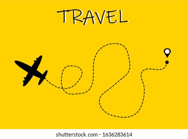 Plane and its track on the yellow background. Vector illustration. Airplane line path, air plane flight route with start point and dash line trace and travel lettering
